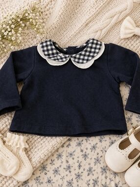 ✨ Jacadi Paris Navy Top w/ Gingham Collar | 12M Classic French Style